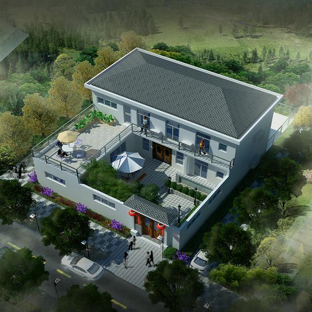 平屋顶和坡屋顶结合的三合院别墅