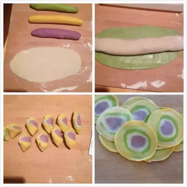 2,饺子皮中间放馅,用彩色的饺子皮就能包出五彩缤纷的彩虹饺子啦!