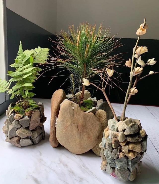 路邊沒人要的石頭，被他做成花盆，種上花後堪比藝術品！