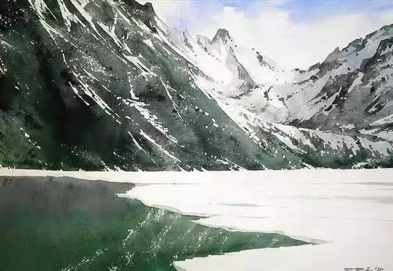 水彩畫家的冬天雪景畫，顏色畫的真美