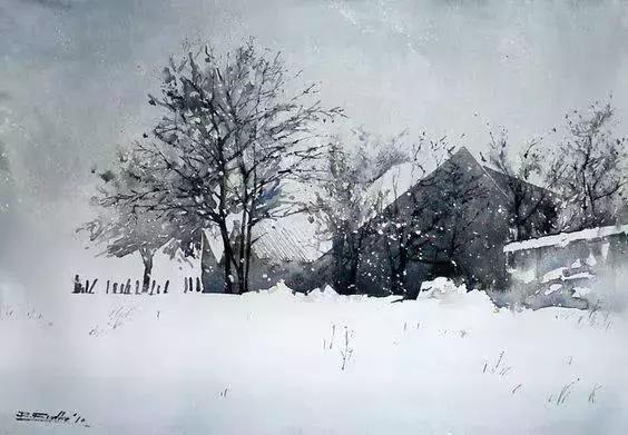 水彩畫家的冬天雪景畫，顏色畫的真美